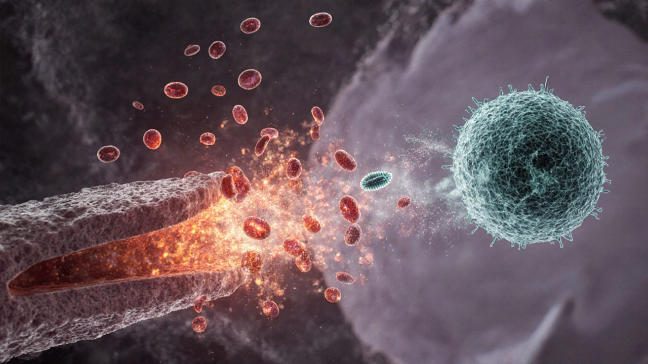 3D view of vaginal cells releasing cytokines with neutrophils attacking a parasite.