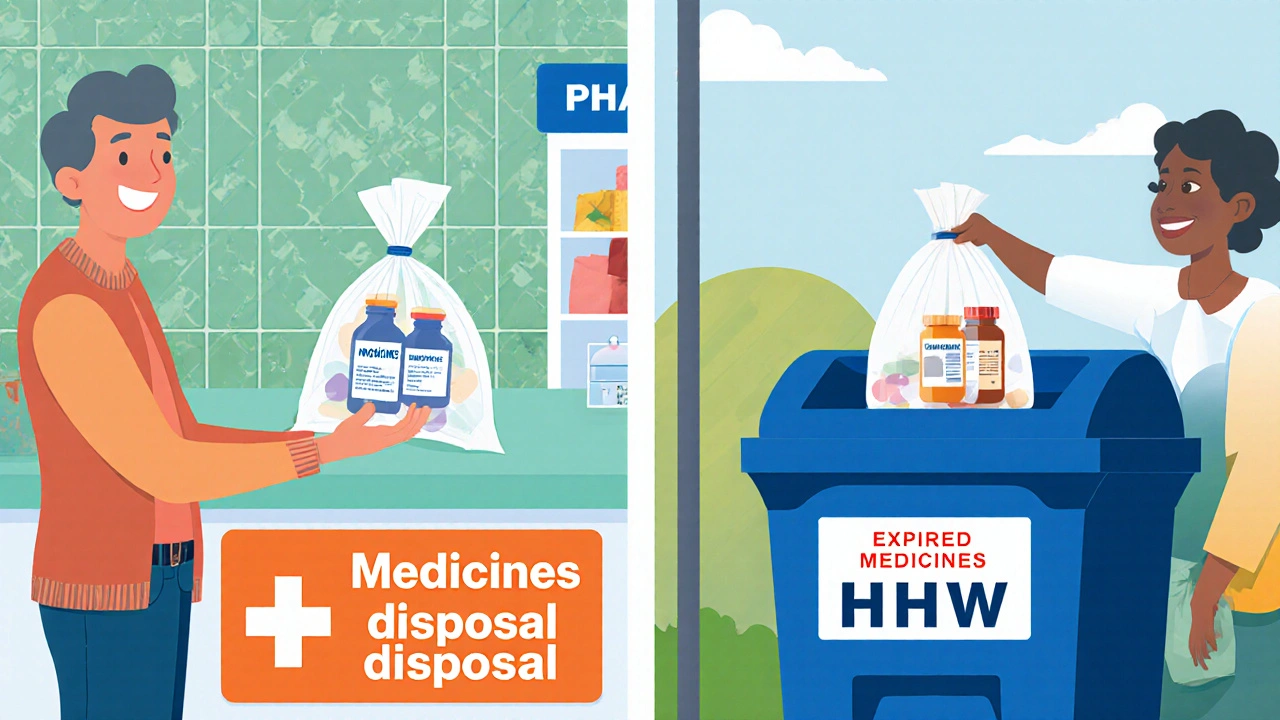 Adult giving sealed medicine bag to pharmacy drop‑off and resident placing bag in HHW container.