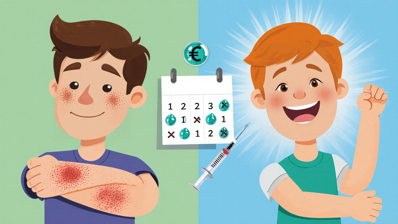 Before‑and‑after of two people with clear skin after weeks of calcipotriol use.