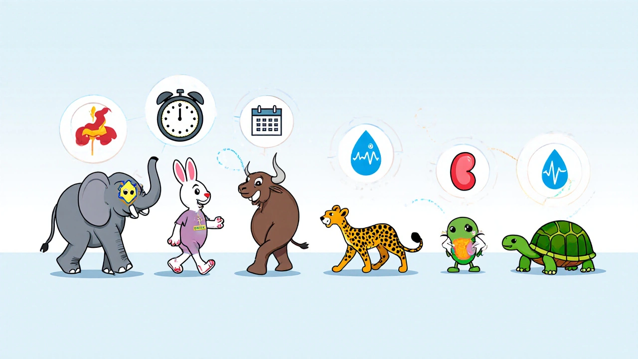 Cartoon characters of various pain relievers with icons for GI, heart, kidney, and dosing.
