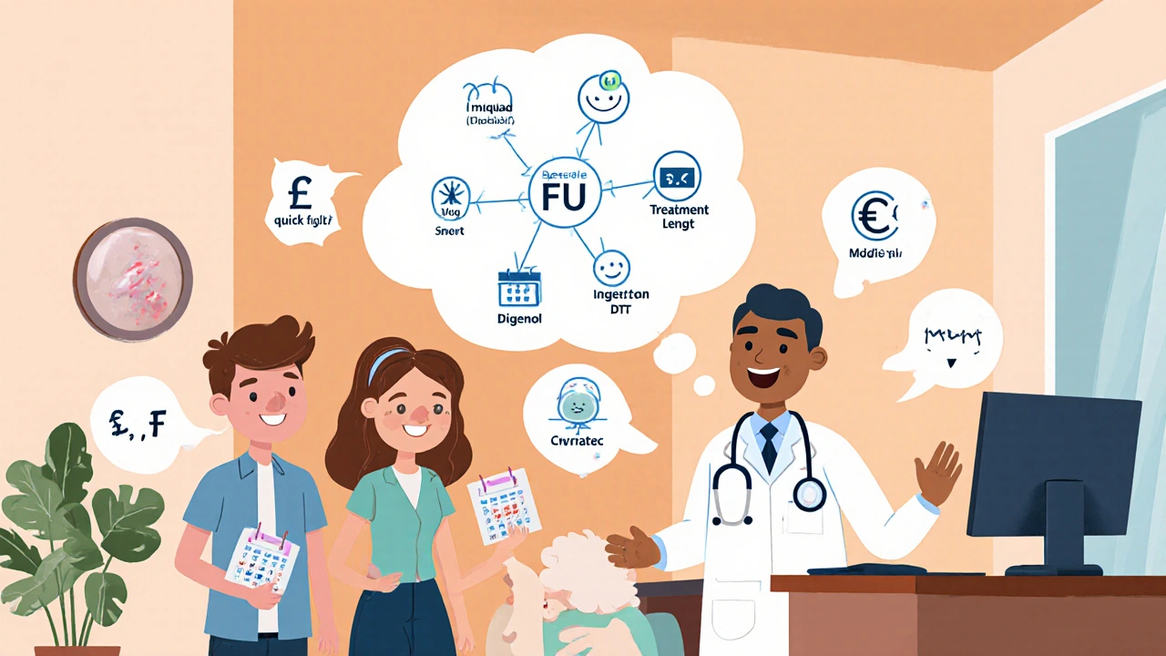Cartoon doctor consulting patients with a floating decision tree of treatment options.