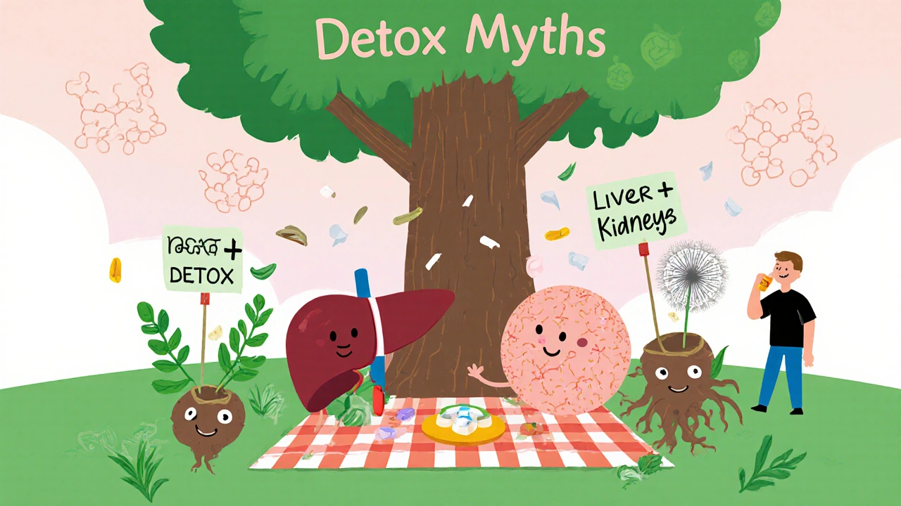 Cartoon liver and skin cell having a picnic while neem leaves fall, with milk thistle and vitamin D3 pills nearby.