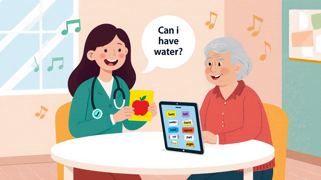Cartoon therapist and patient using flashcards and a tablet for speech drills and semantic cues.