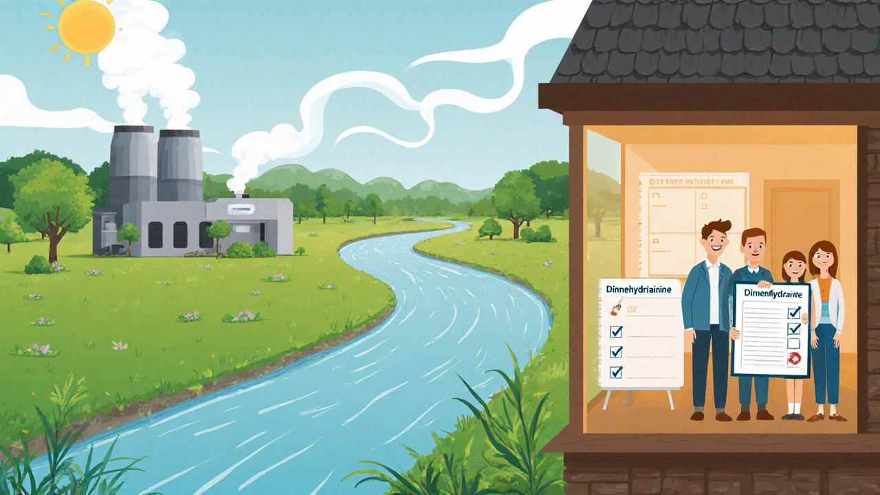 Clean river, incineration plant, and happy family with medication logbook on porch.