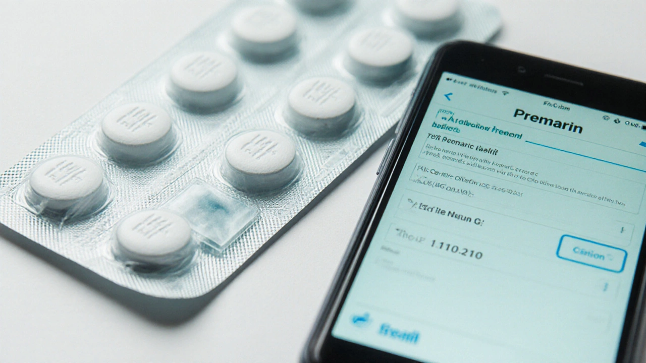 Close‑up of an opened generic Premarin blister pack and a phone displaying a batch number check on the TGA database.