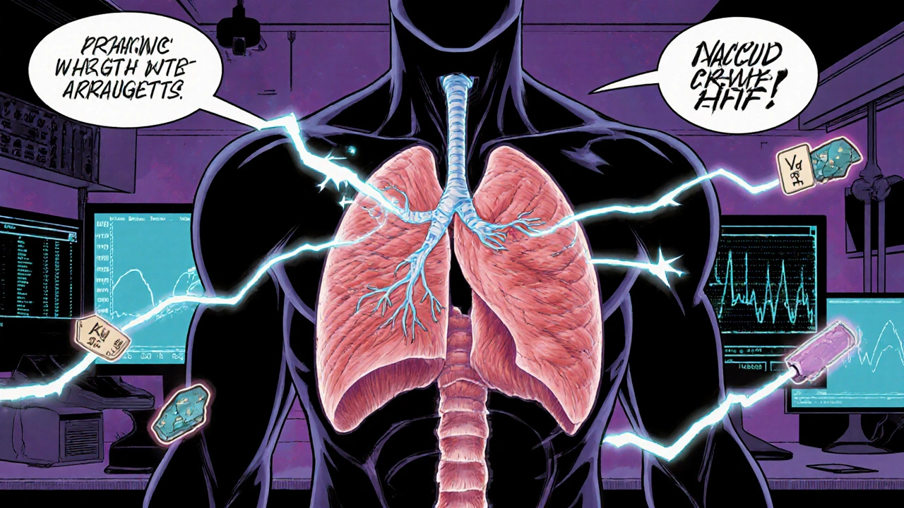 Comic panel of diaphragm, phrenic and vagus nerves with glowing electrolyte icons.