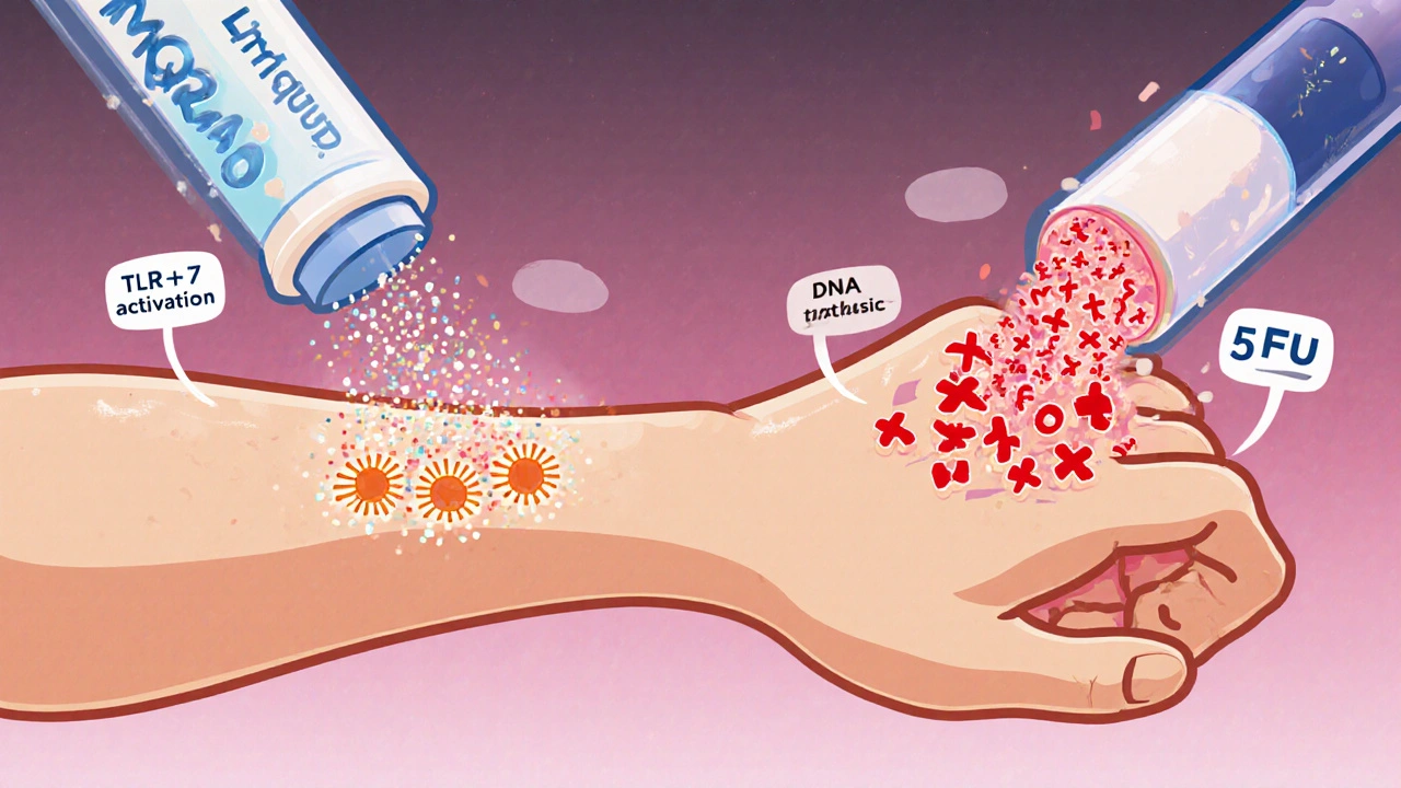 Cross‑section cartoon showing Imiquad activating immune cells versus 5‑FU disrupting DNA in skin.