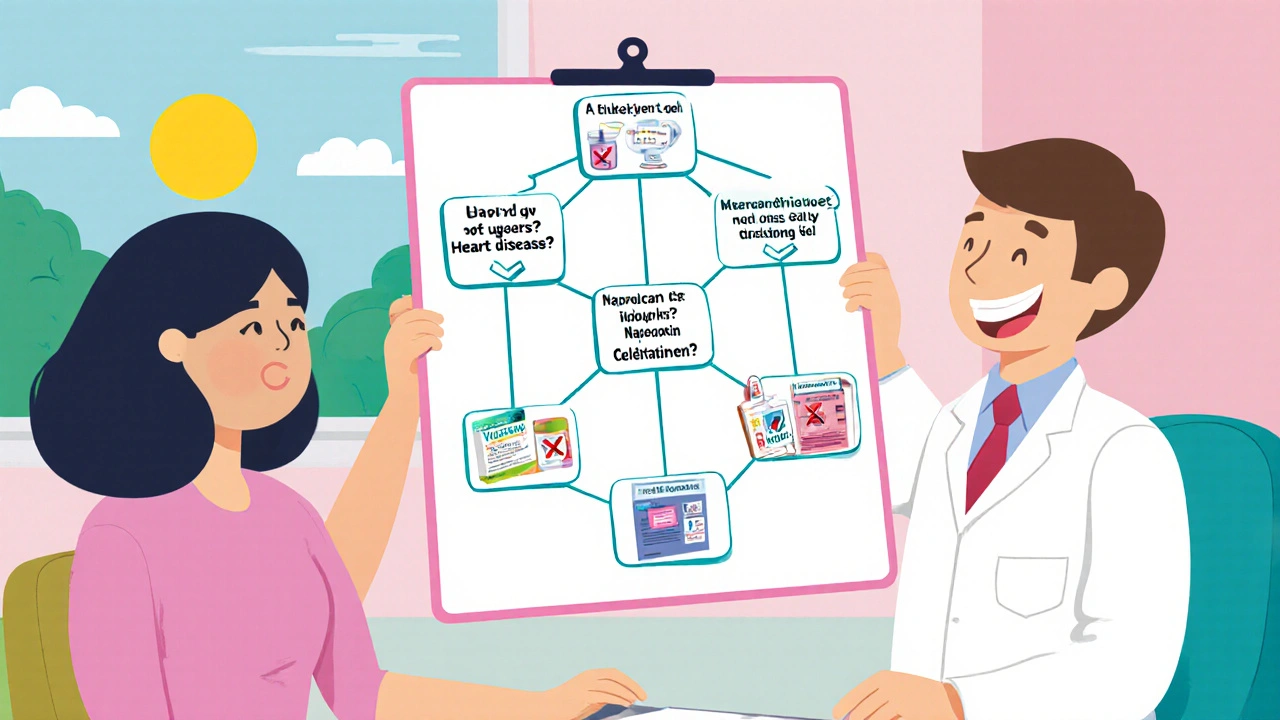 Doctor and patient review a cartoon decision tree showing medication options.