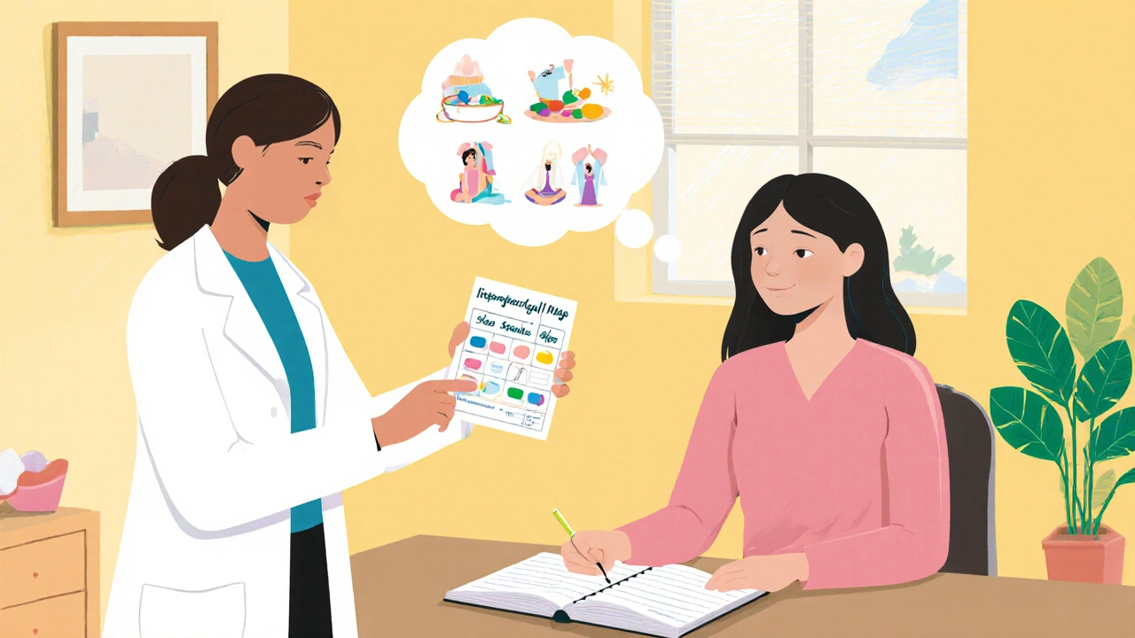 Doctor and patient reviewing a migraine diary and pill pack, emphasizing prevention.