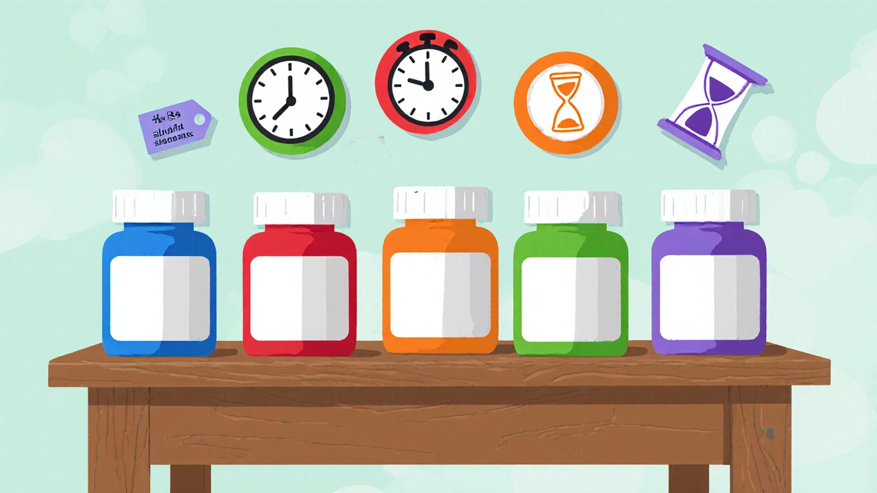 Five colorful pill bottles on a table with icons for onset time, duration, and price.