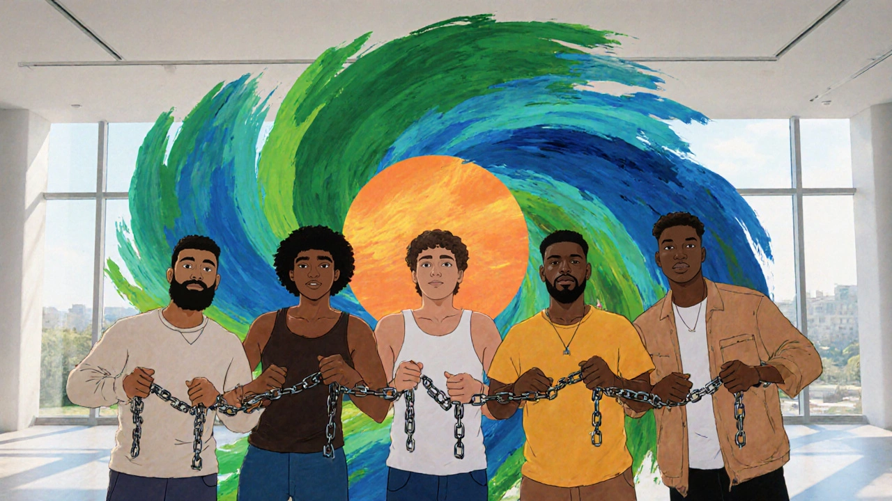 Group of diverse men breaking chains together in a bright, hopeful setting.