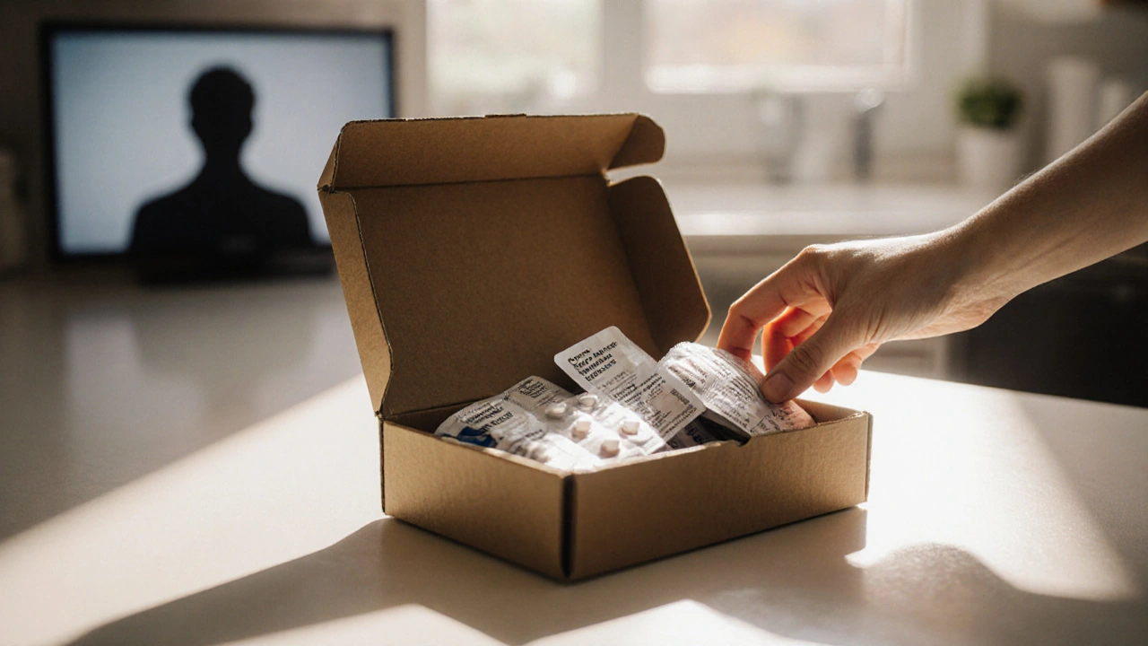 Hand opening a discreet box revealing medication tablets.