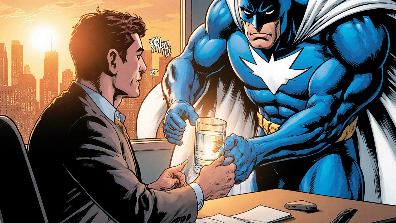 Hero offers a glowing glass of water to a person, stopping hiccups.