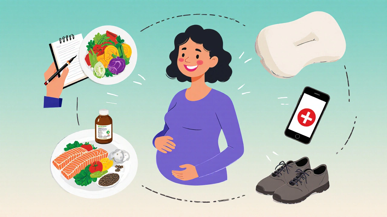 Illustrated checklist of diary, healthy food, vitamins, pillow, shoes, and emergency phone around a pregnant figure.