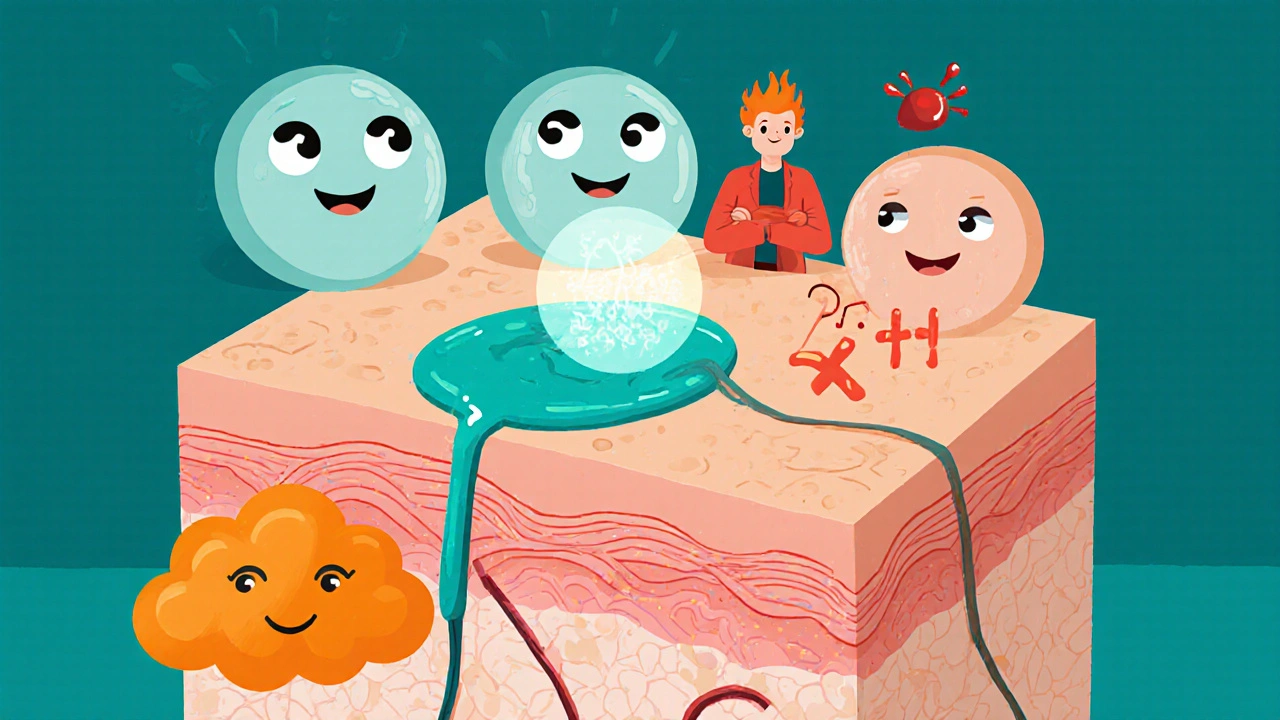 Illustrated skin layers showing calcipotriol binding to keratinocytes and calming immune cells.