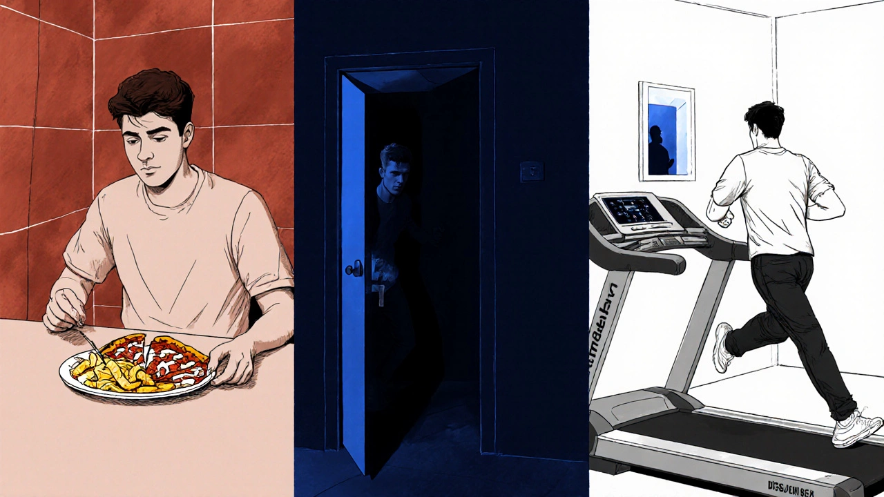 Illustration of a man bingeing at a table, entering a bathroom, then over‑exercising on a treadmill.