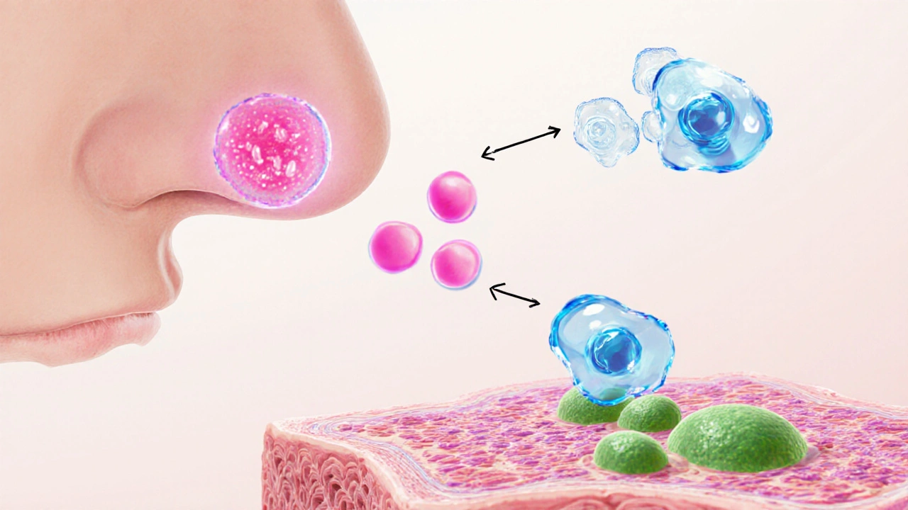 Illustration of histamine molecules blocked by antihistamine at H1 receptors in nasal tissue.