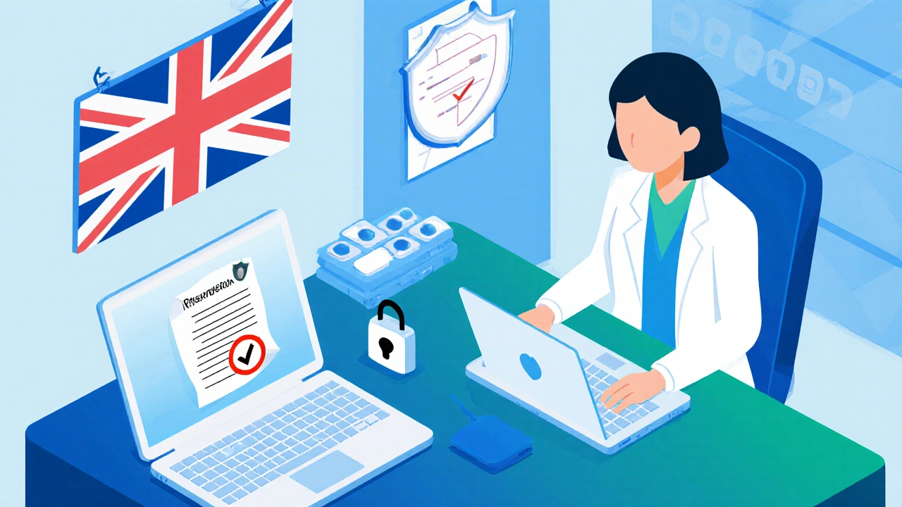 Isometric office with pharmacist reviewing a secure prescription upload on laptop and tablet.