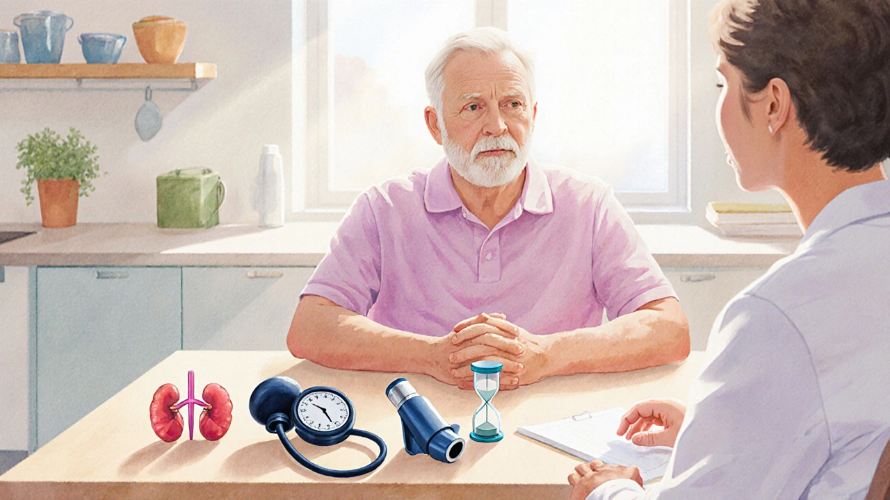 Patient and doctor discussing treatment options with symbols for blood pressure, asthma, kidney, and heart.