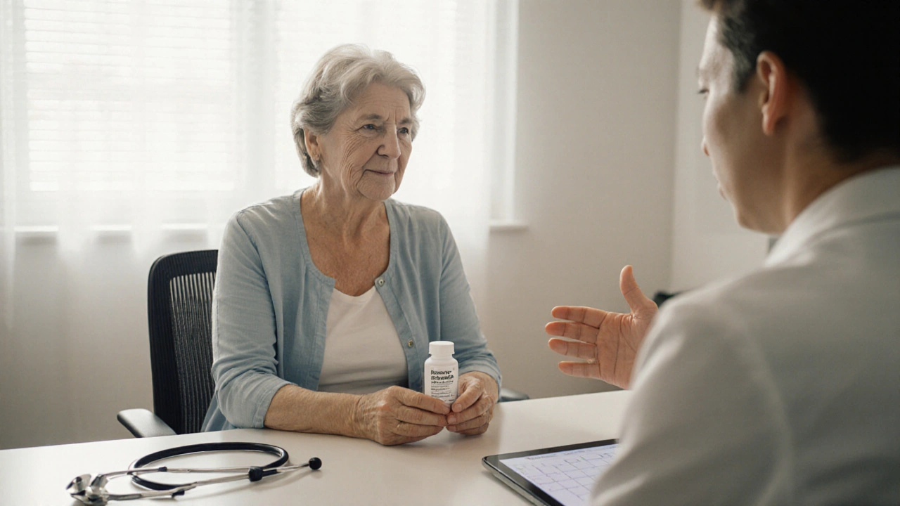 Patient and doctor in a bright office reviewing a medication bottle, conveying supportive discussion.