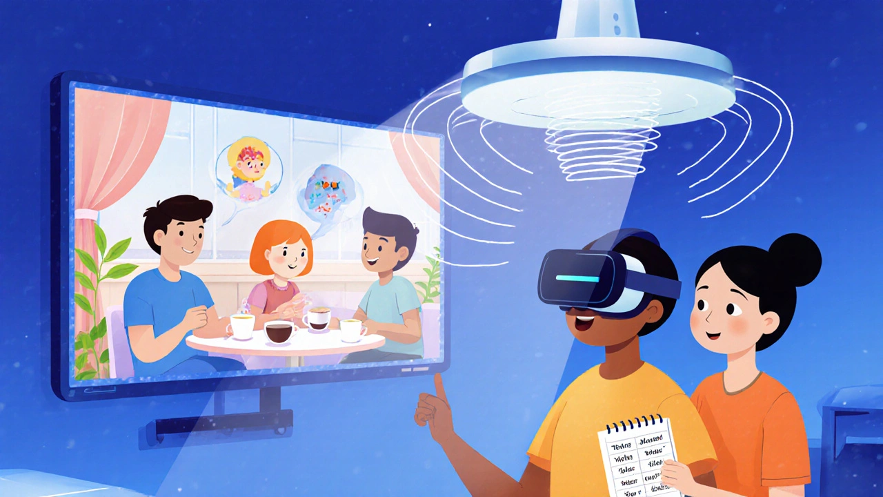 Patient in VR café with TMS coil above, family member supporting, showing modern speech therapy.