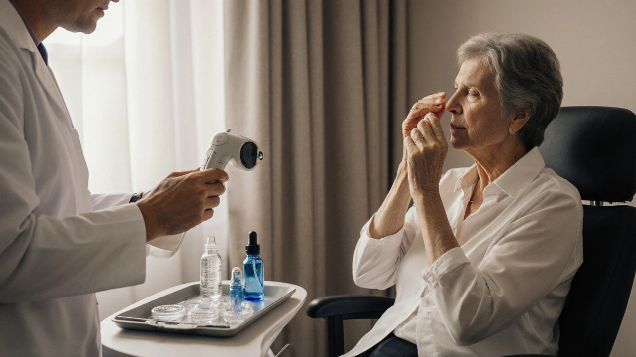 Patient removing contacts while doctor measures eye pressure with a tonometer.