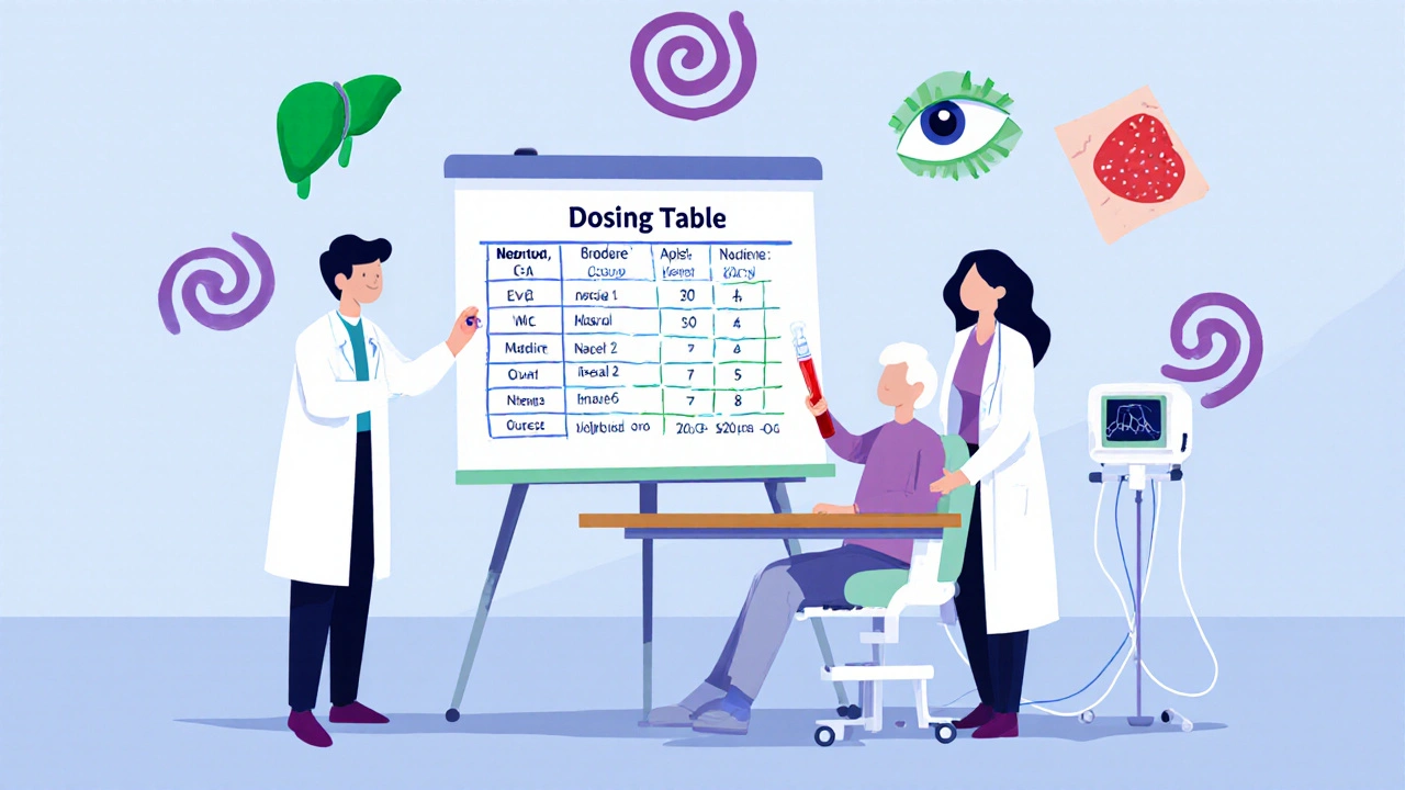 Pharmacist and nephrologist review dosing table while a dialysis patient undergoes drug monitoring.