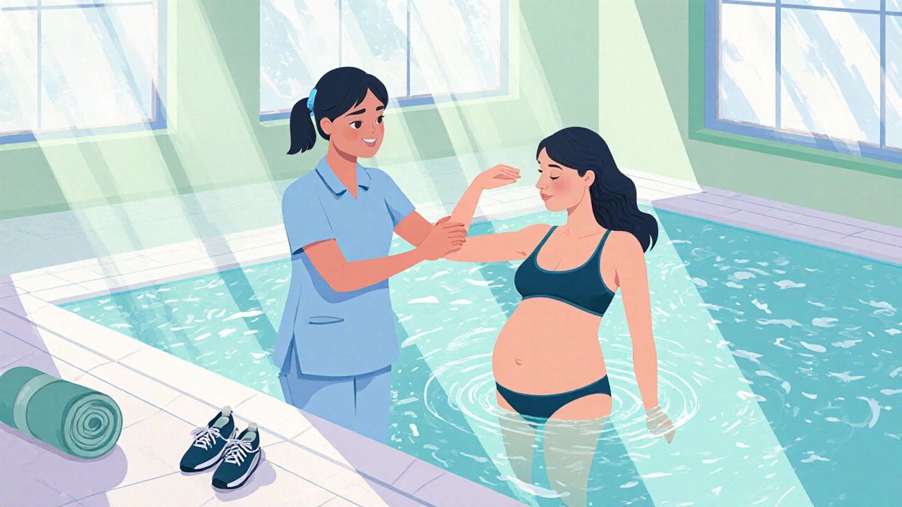 Pregnant woman doing gentle water exercise with a physiotherapist in a pool.