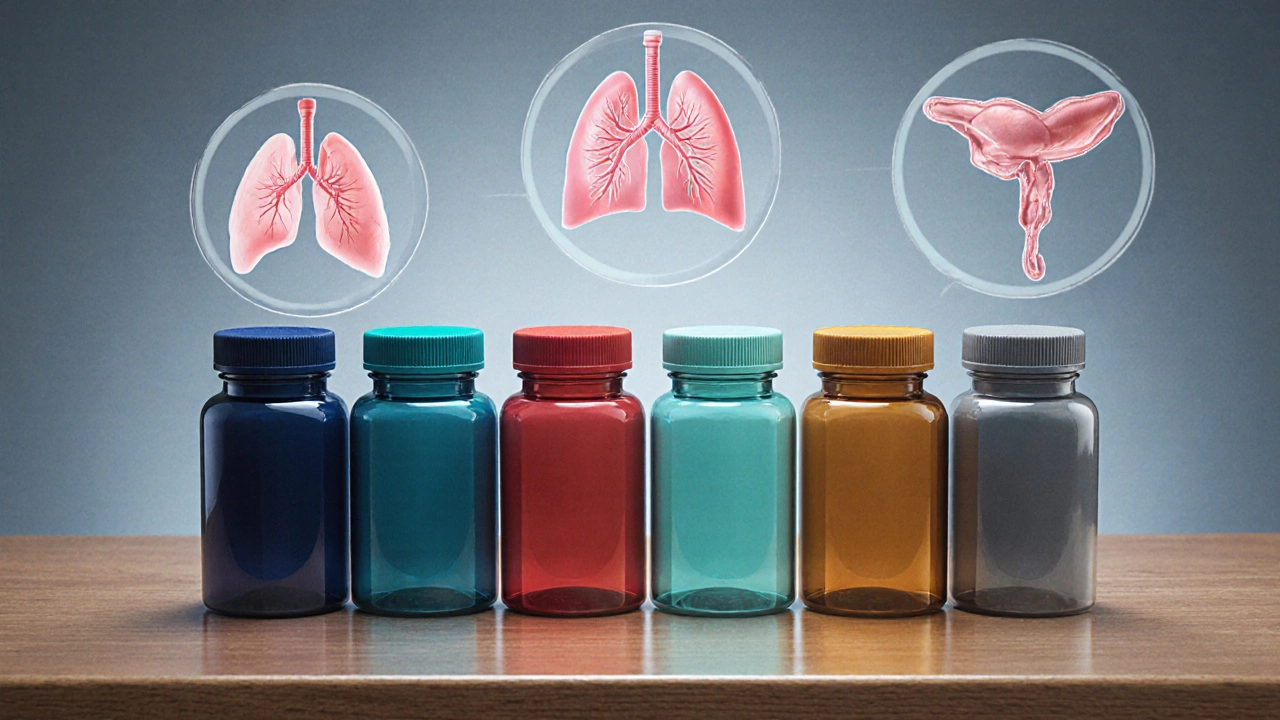 Row of six pill bottles with colored caps beside heart, lung, and pancreas diagrams.