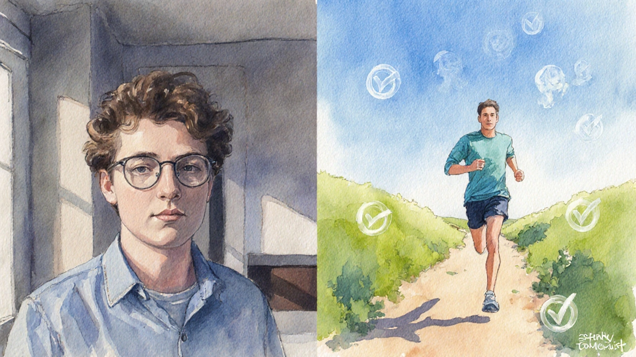 Side‑by‑side view of someone in glasses indoors and running outdoors with contact lenses.