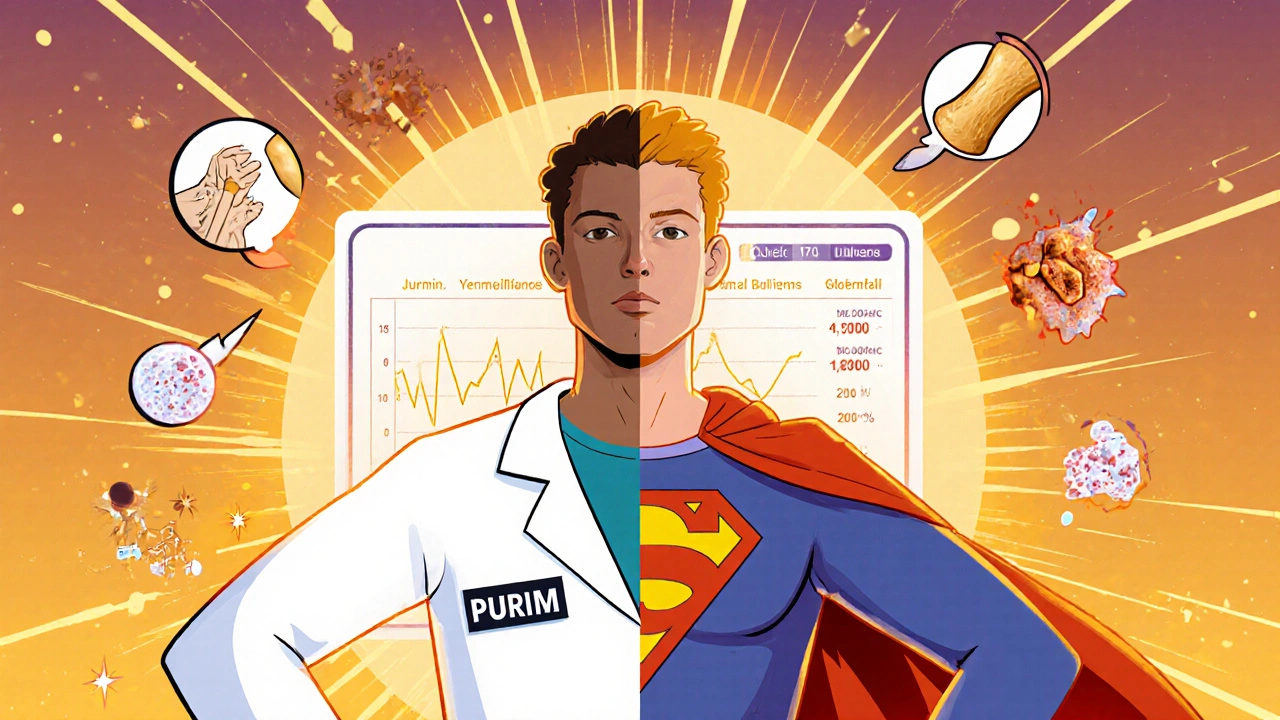 Split-character illustration contrasting faded Purim with a radiant superhero version powered by curcumin and zinc molecules.