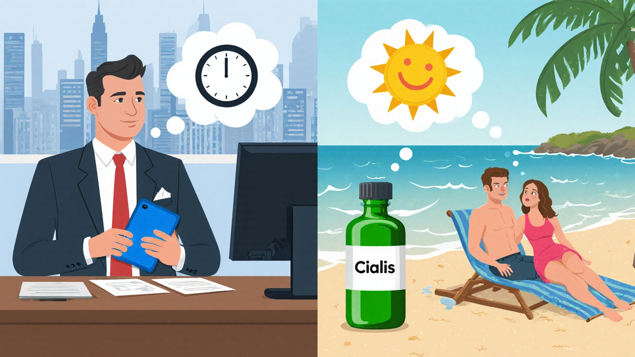 Split scene of a man with a sildenafil tablet at a desk and a couple with a Cialis bottle on a beach.
