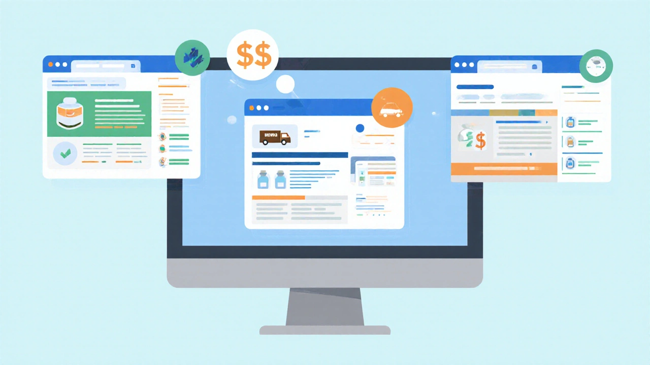 Three browser windows comparing pharmacy options with price icons.
