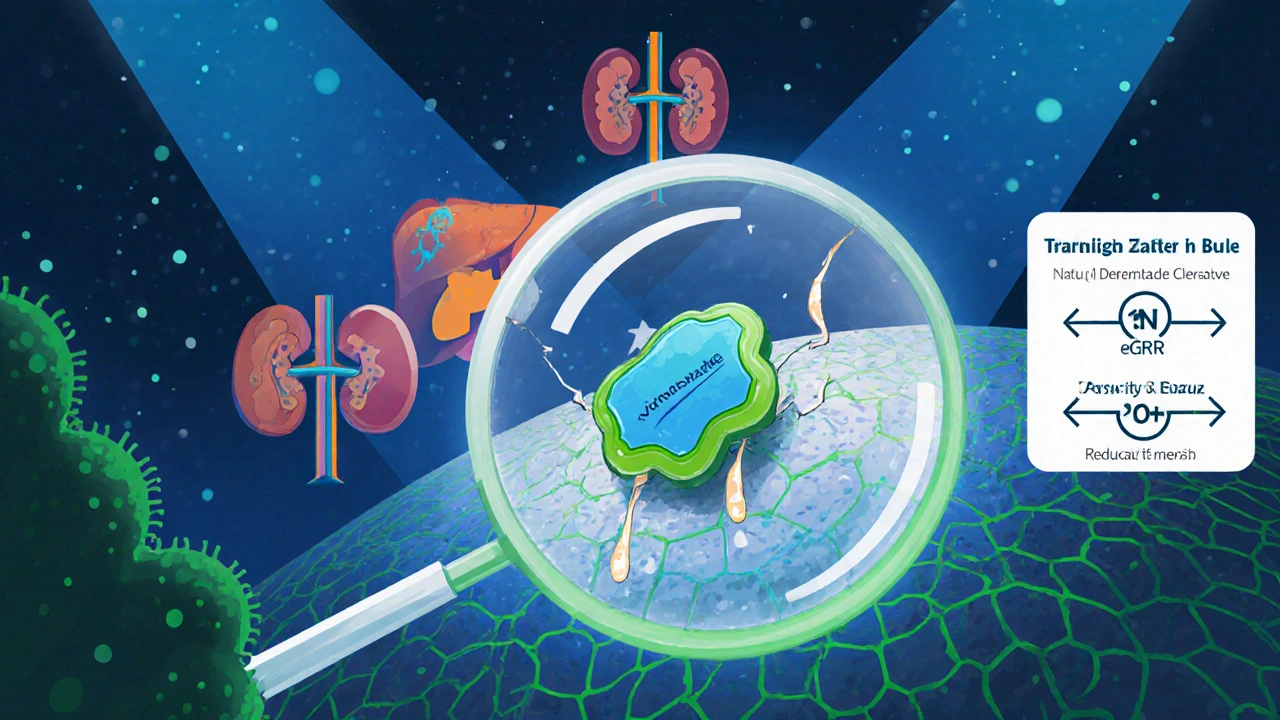 Voriconazole blocks fungal enzyme, causing cell membrane to leak, with liver and kidney icons nearby.