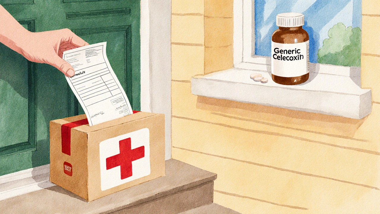 Watercolor doorstep with delivery box, hand holding invoice, and generic Celebrex bottle nearby.