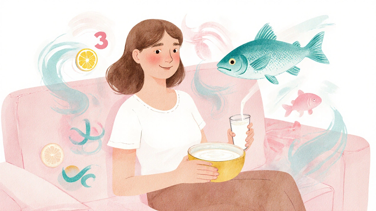 Watercolor scene of a woman recovering with probiotic foods and a healthy microbiome.