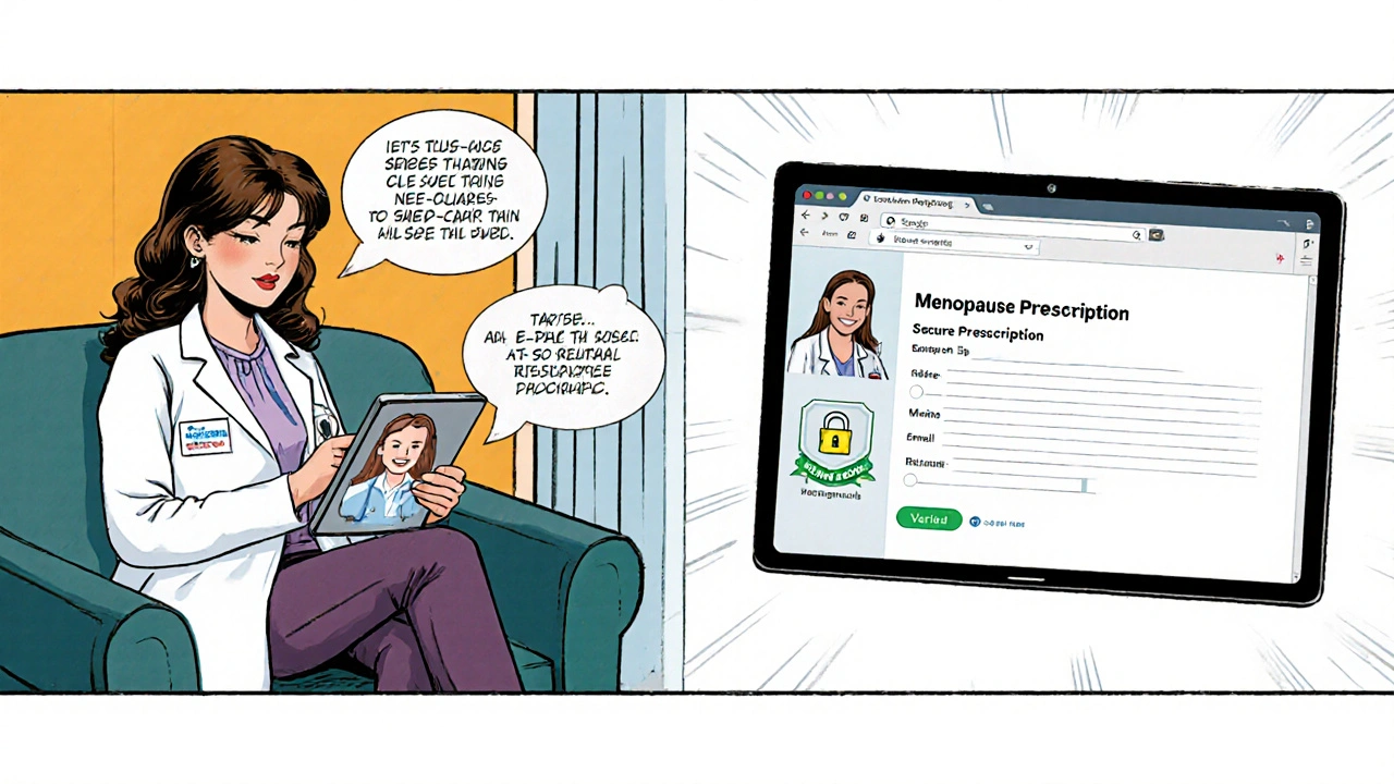 Woman on a couch video chats with a doctor; a digital prescription is sent to a secure online pharmacy website.