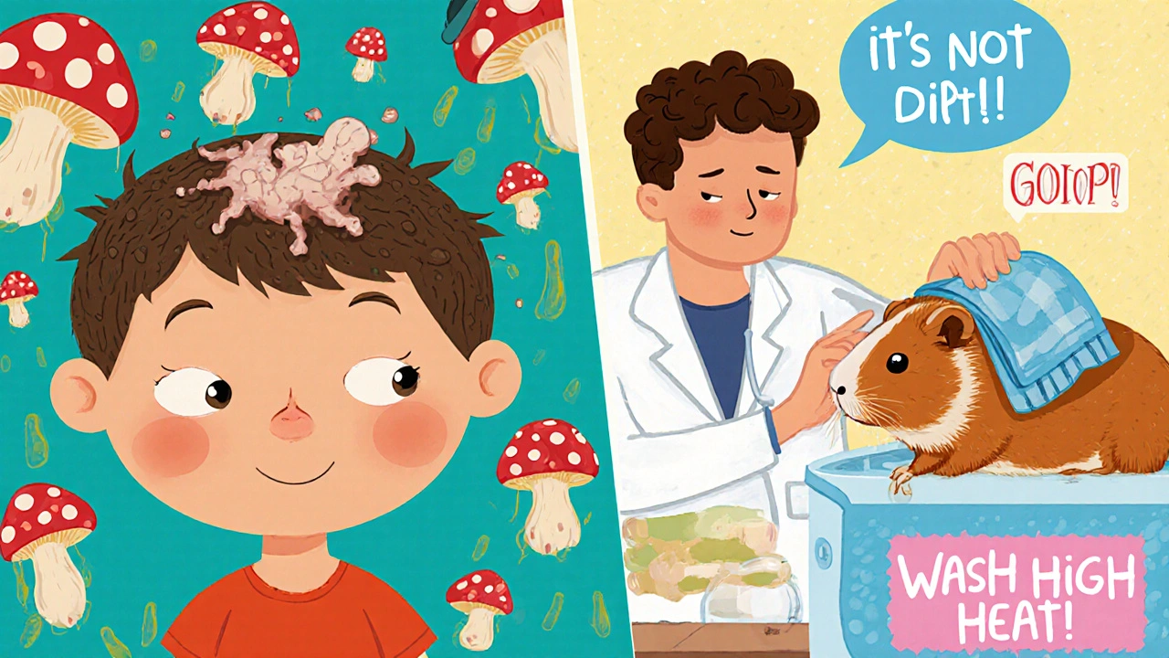 A boy with scalp ringworm and a vet checking a guinea pig, with towels washing in hot water.