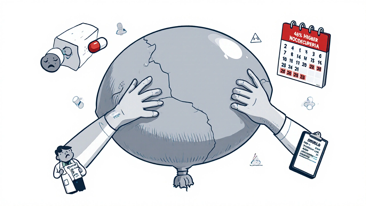 A cartoon bladder under pressure from medication icons, with a doctor noting increased nighttime urination on a clipboard.