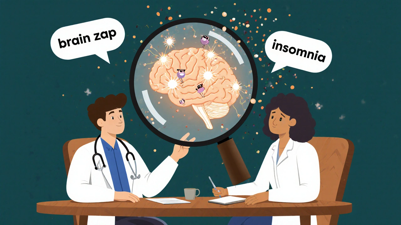 A doctor and patient sharing a calm moment with magnifying glass revealing healthy brain connections and fading symptoms.