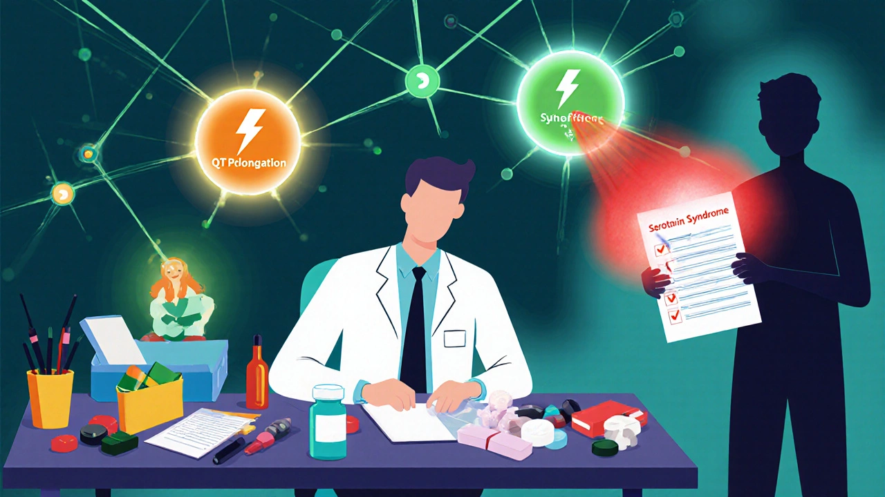 A doctor surrounded by glowing, interacting drug molecules, with warning signs like lightning and fever haze, while a weary patient holds a long medication list.