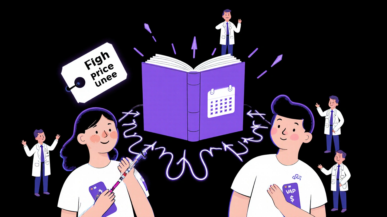 A patient receiving either a brand-name or interchangeable biosimilar, with price tags and matching treatment effects shown side by side.