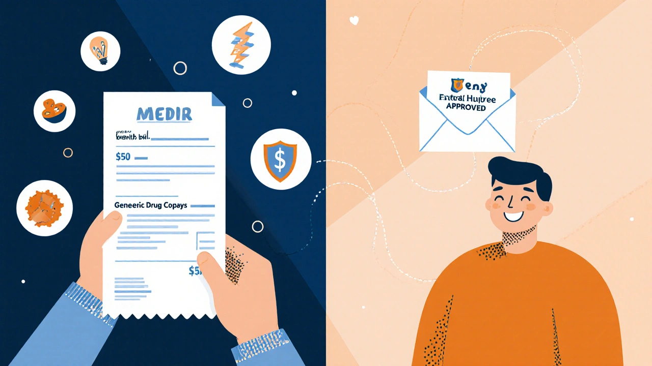 A person comparing high drug costs to basic needs, then receiving approval for financial assistance.