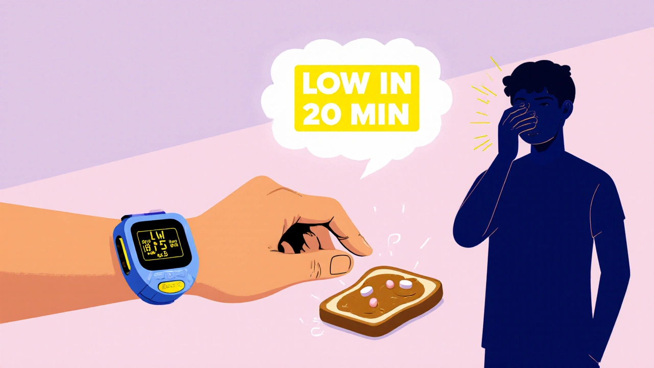 A person with a CGM alerts them to an upcoming low, reaching for a snack, while another person collapses without monitoring.