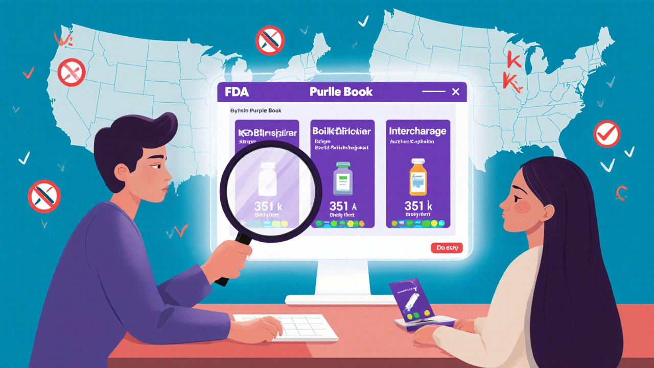 A pharmacist examining a digital Purple Book interface with product labels and state legal symbols around them.