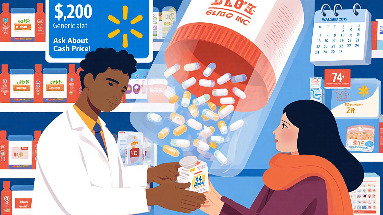 A pharmacist giving a 90-day supply of generics as a ,000 out-of-pocket cap breaks above them.