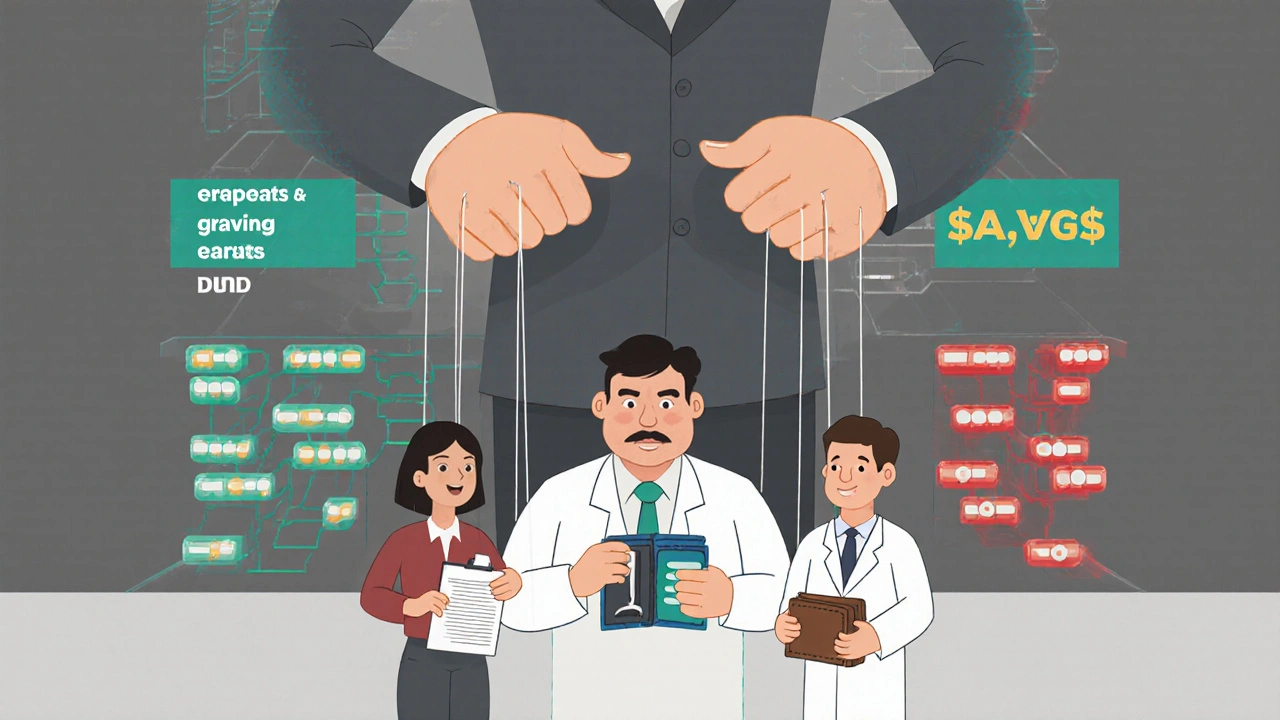 A puppeteer controls healthcare players with strings, behind a giant tiered formulary chart, in stylized cartoon illustration.