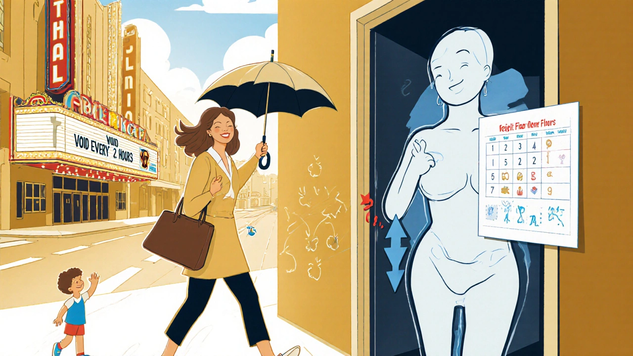 A woman walking confidently, with a visible pelvic floor exercise and reduced bathroom schedule, symbolizing regained control over bladder symptoms.