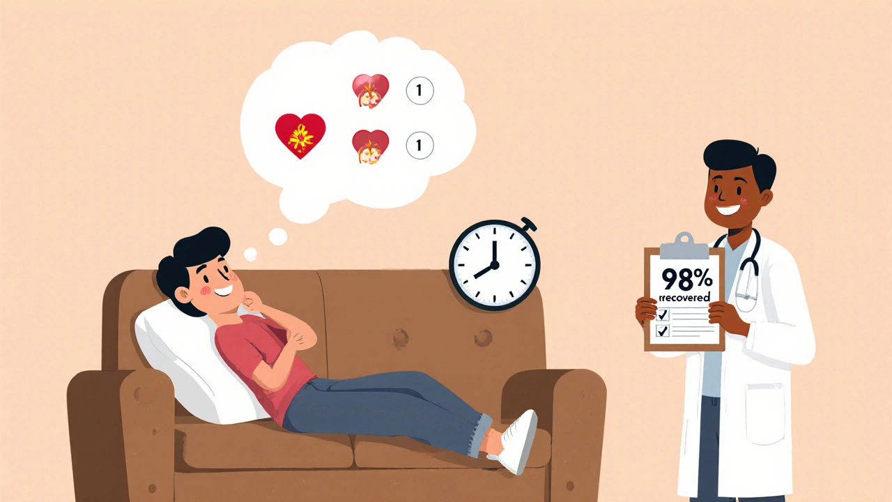 A young man resting with a thought bubble showing a healing heart, illustrated in a calming cartoon style.