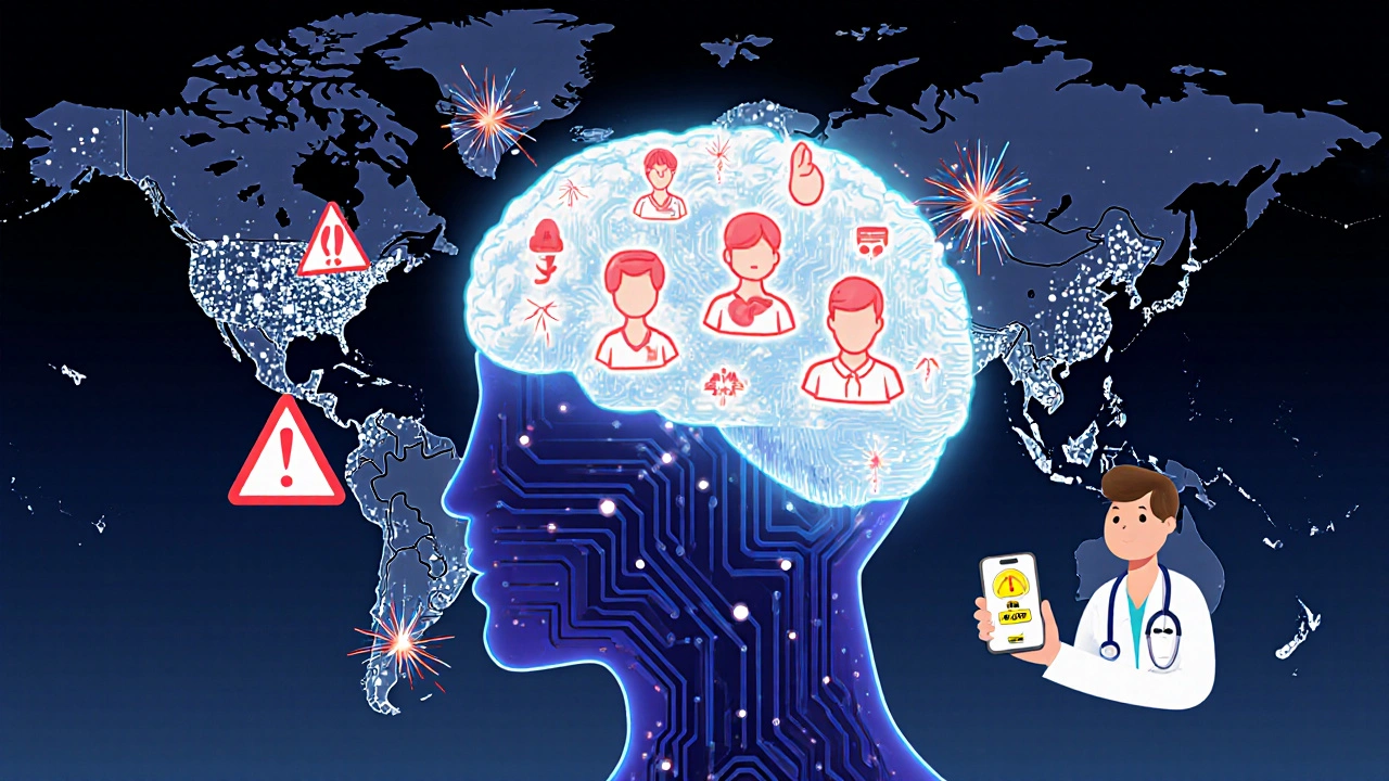 AI brain scanning patient data with warning icons, global health monitoring map in background.